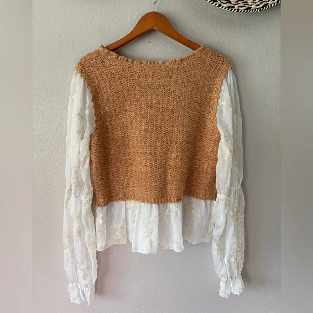 Anthropologie Layered Sweater Vest Knit Top Embroidered Sleeves Women Large - Picture 2 of 14